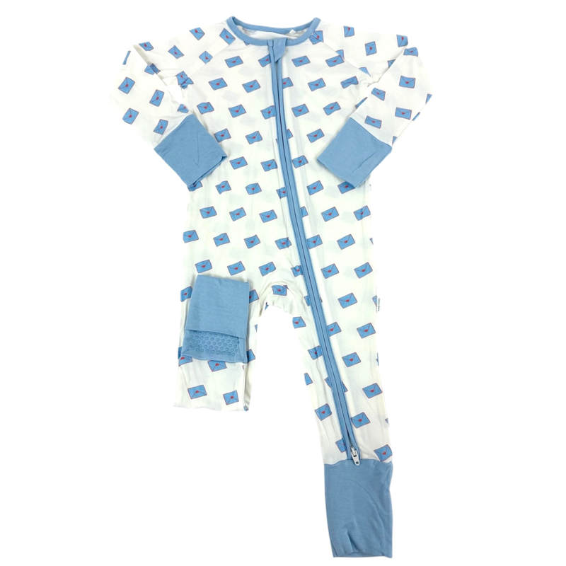 The Uptown Baby The Uptown Baby Blue Heart Envelopes Zipper Romper