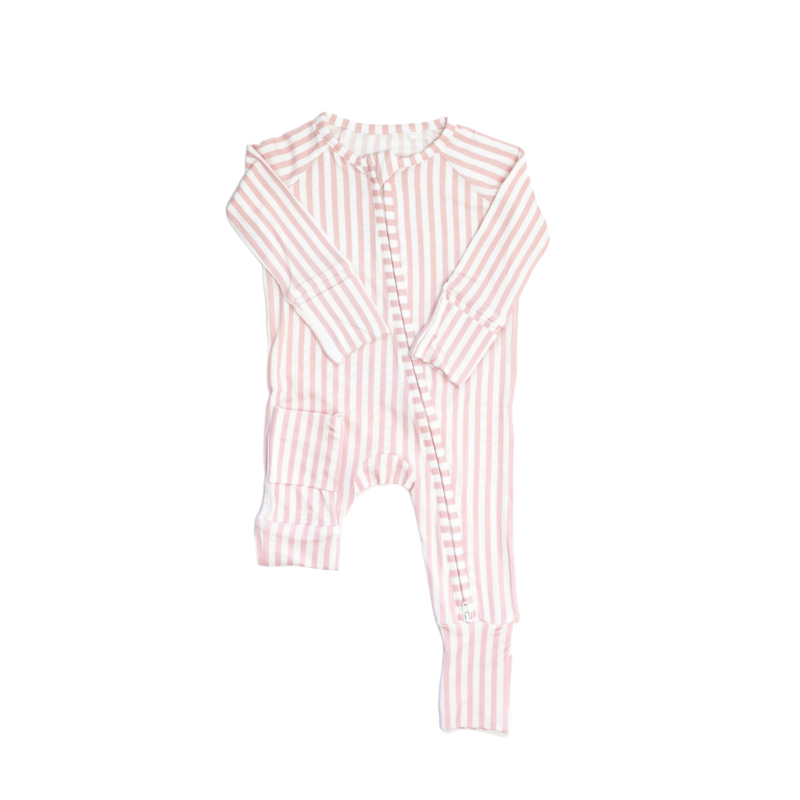 The Uptown Baby The Uptown Baby Pink Mini Stripe Zipper Romper