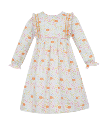 Claire & Charlie Claire & Charlie Pumpkin Print LS Smocked Ruffle Dress