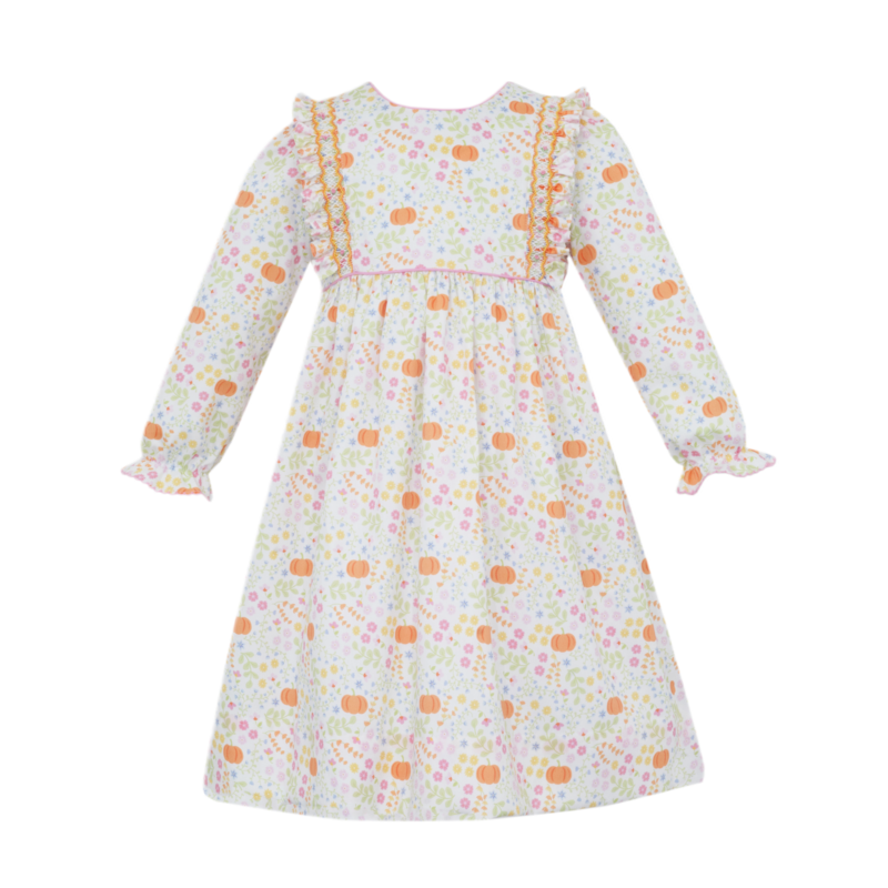 Claire & Charlie Claire & Charlie Pumpkin Print LS Smocked Ruffle Dress