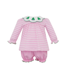 Claire & Charlie Claire & Charlie Christmas Trees Pink Stripe Bloomer Set