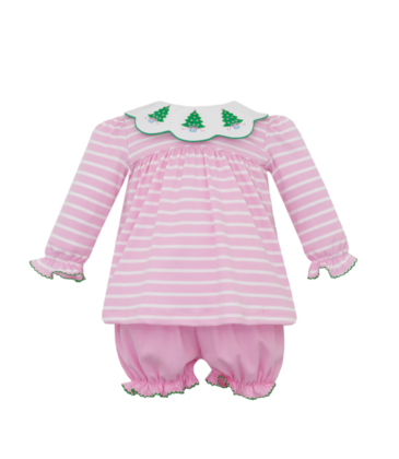 Claire & Charlie Claire & Charlie Christmas Trees Pink Stripe Bloomer Set
