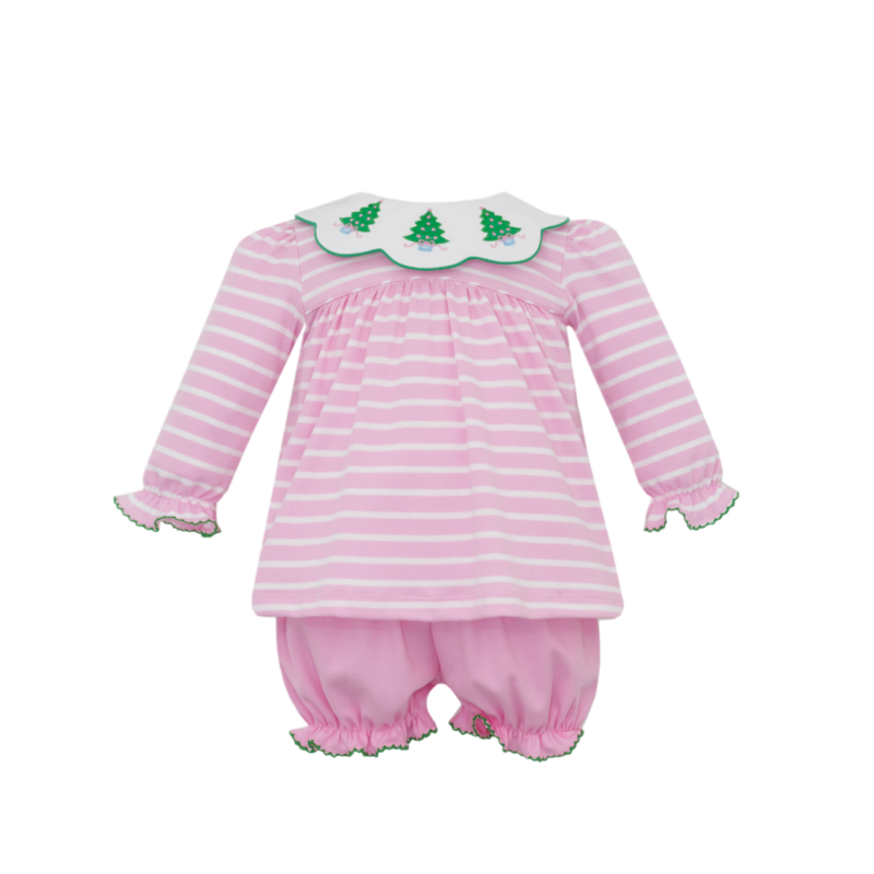 Claire & Charlie Claire & Charlie Christmas Trees Pink Stripe Bloomer Set