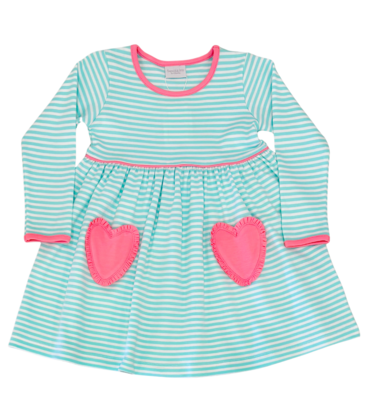 Squiggles Squiggles Mint Stripe/Hot Pink Heart Pocket Dress
