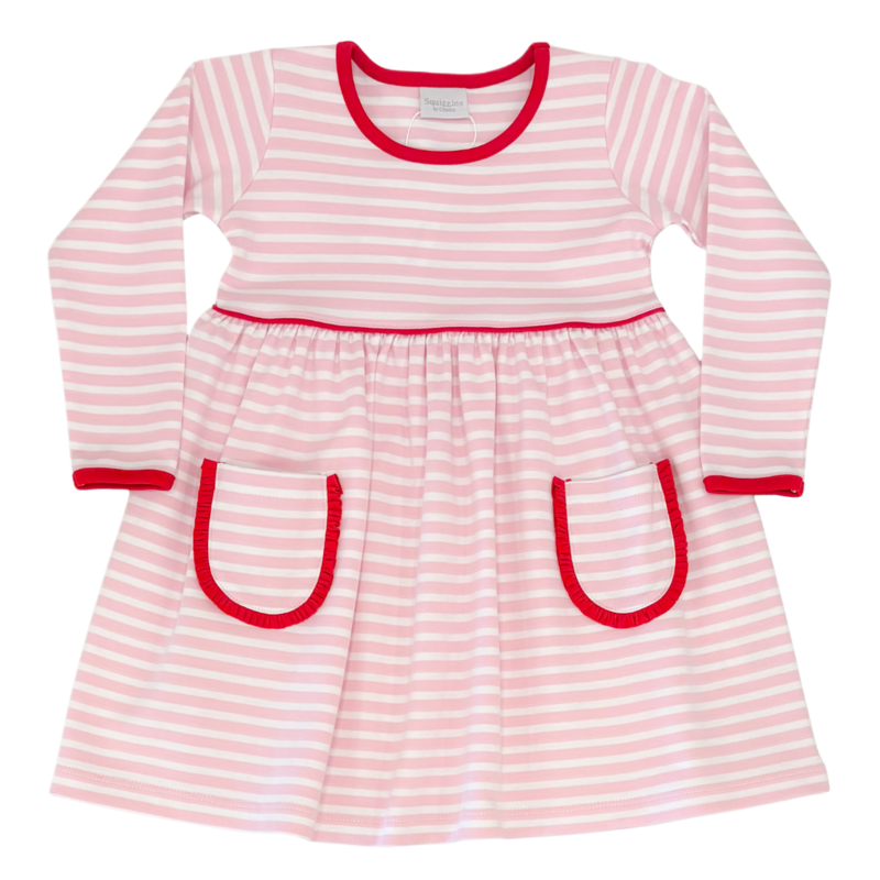 Squiggles Squiggles Pink Stripe/Red Pocket Dress