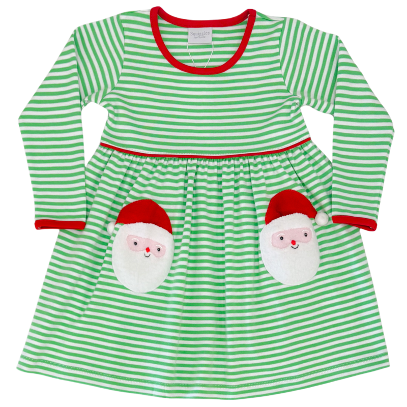 Squiggles Squiggles Green Stripe Santa Pocket Dress