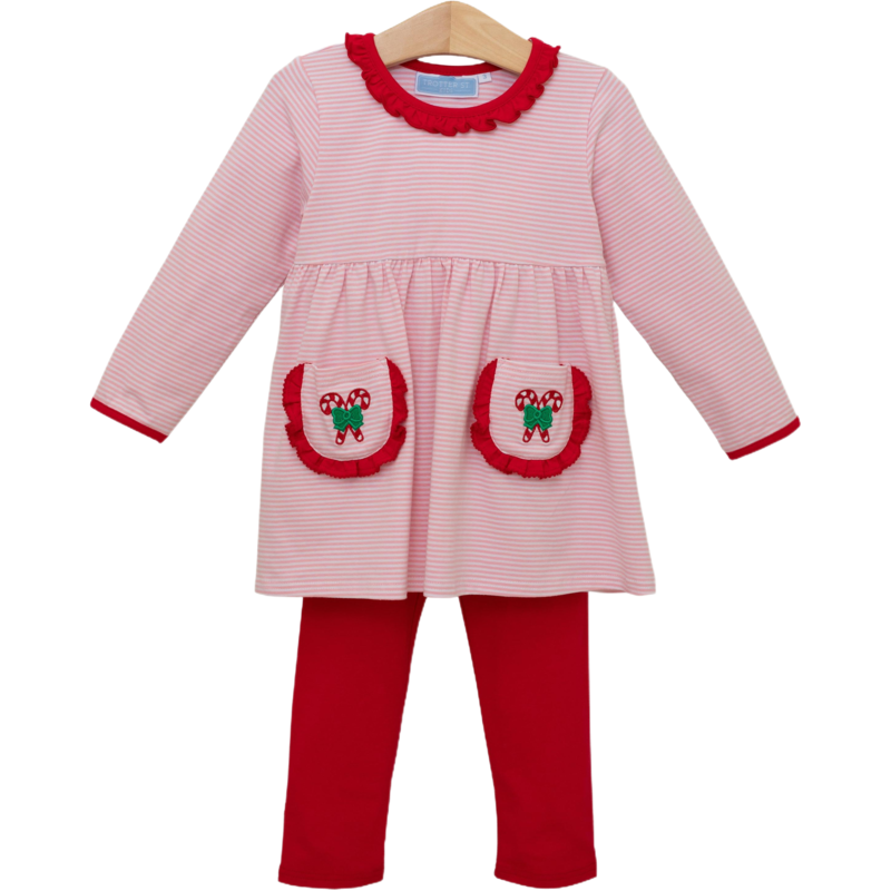 Trotter Street Kids Trotter Street Kids Candy Cane Embroidery Ruffle Pant Set