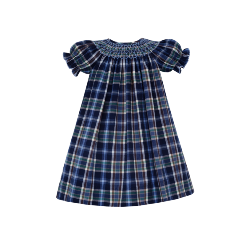 Anavini Anavini Blue & Brown Plaid Lucia Bishop Dress