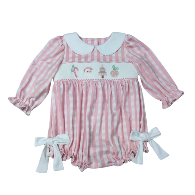 Whimsy Bay Whimsy Bay Pink Christmas Smocked Collared Bubble
