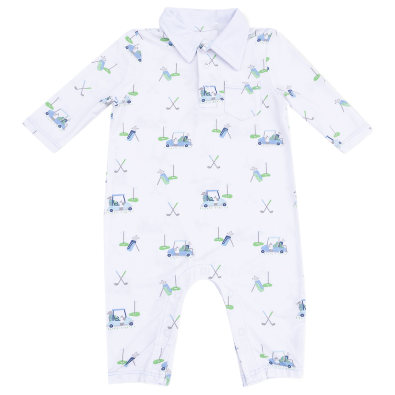 Angel Dear Angel Dear Polo Romper - Baby Golf Carts Blue