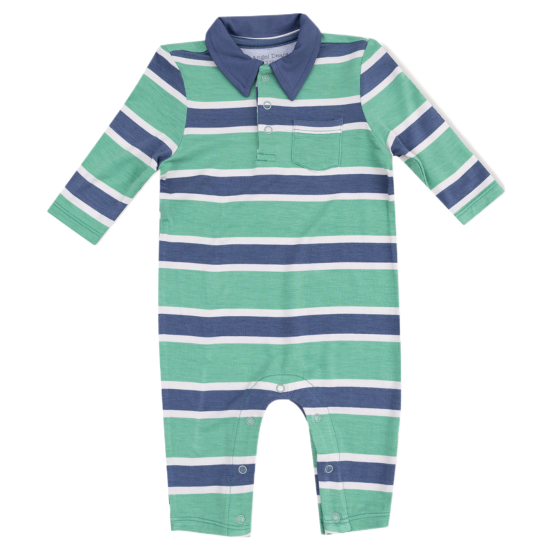 Angel Dear Angel Dear Polo Romper - Rugby Stripe Green/Navy