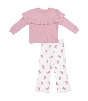 Angel Dear Angel Dear Ruffle Waffle Top & Rib Flare Pant - Petite Cowgirl Boots