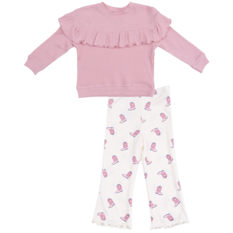 Angel Dear Angel Dear Ruffle Waffle Top & Rib Flare Pant - Petite Cowgirl Boots