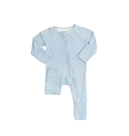 The Uptown Baby The Uptown Baby Dusty Blue Mini Stripes Zipper Romper