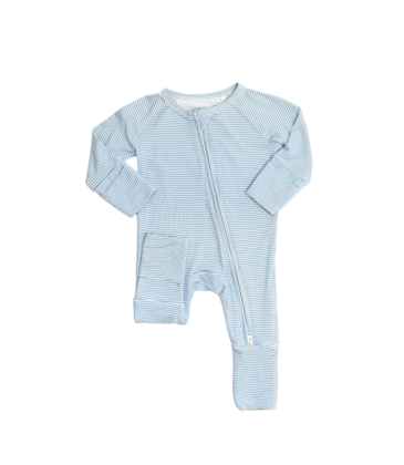 The Uptown Baby The Uptown Baby Dusty Blue Mini Stripes Zipper Romper