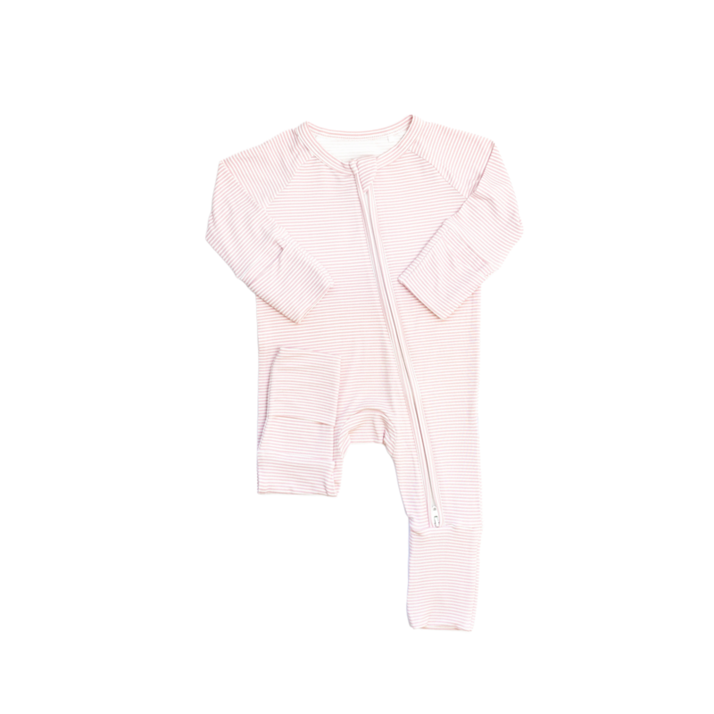The Uptown Baby The Uptown Baby Pink Mini Stripes Zipper Romper