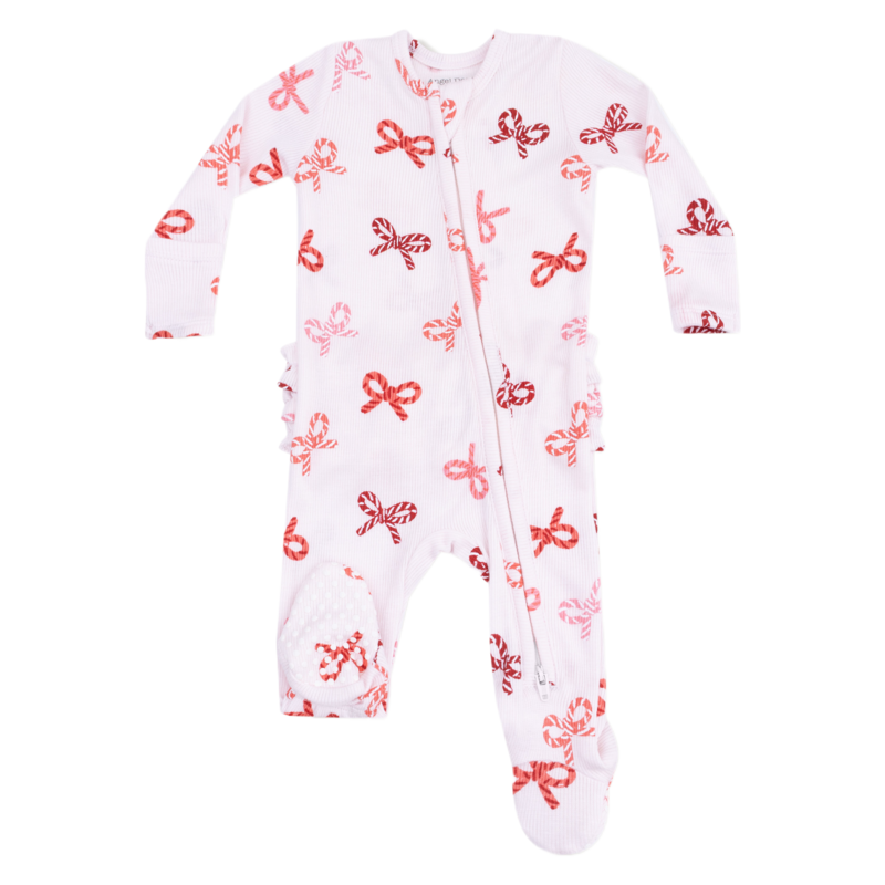 Angel Dear Angel Dear Ruffle Zipper Footie - Candy Cane Bows