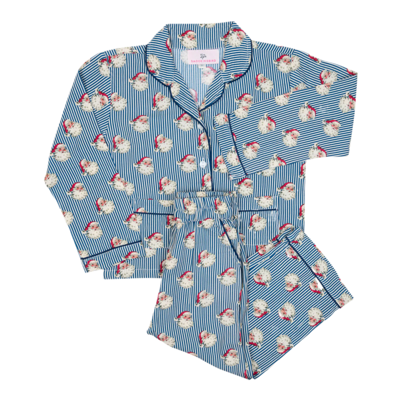 Smockingbird Smockingbird Navy Striped Vintage Santa Button Down Pajama Set
