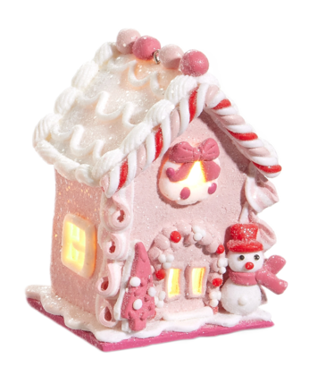 Raz Imports 4.25" Lighted Pink Gingerbread House Ornament - Snowman