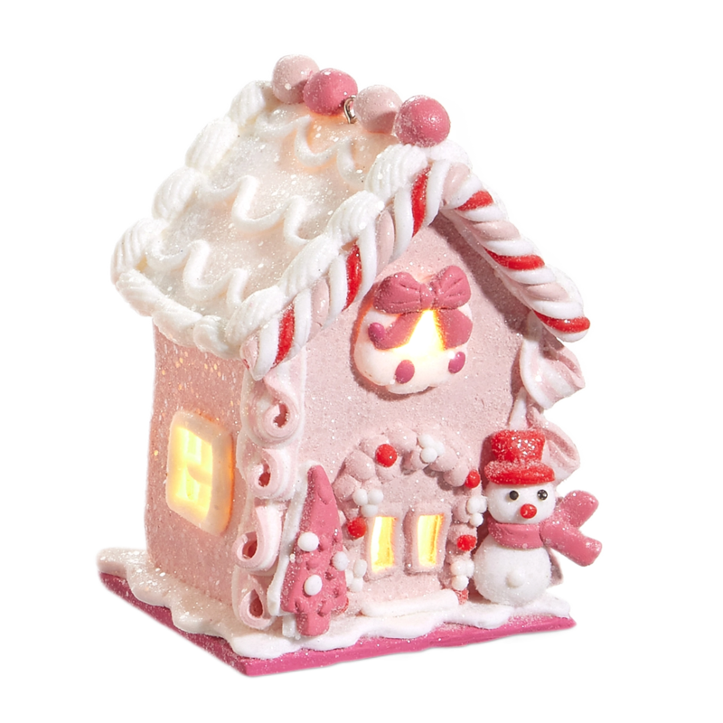 Raz Imports 4.25" Lighted Pink Gingerbread House Ornament - Snowman