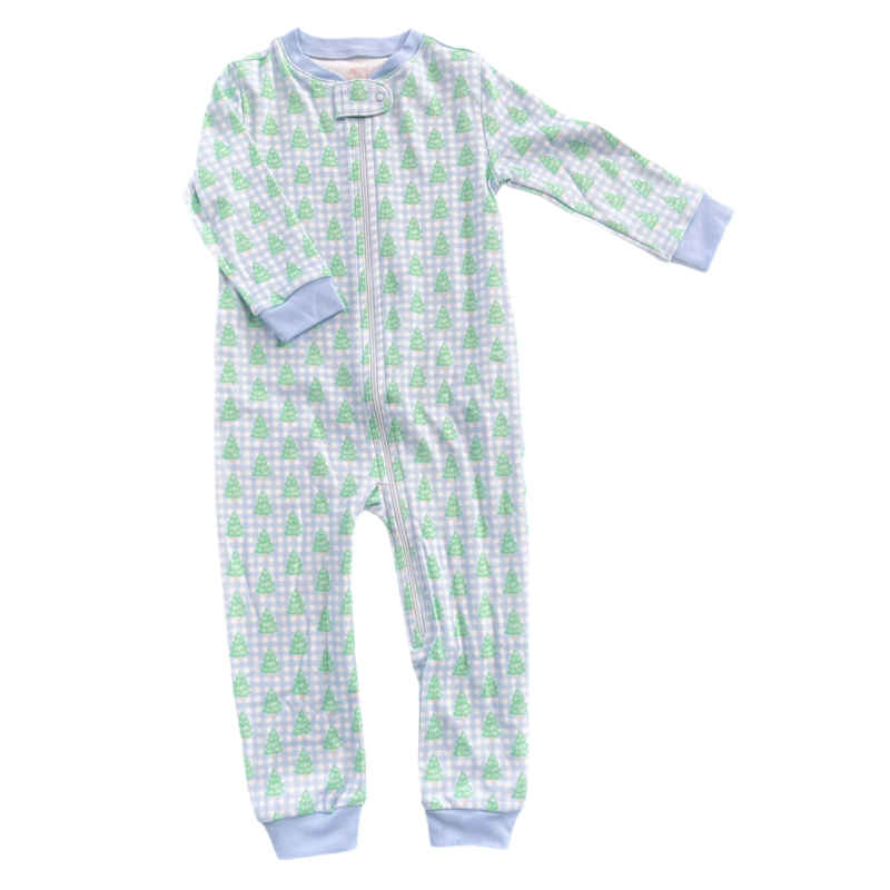 James & Lottie James & Lottie Blue Gingham Christmas Tree Zip Up Jammies