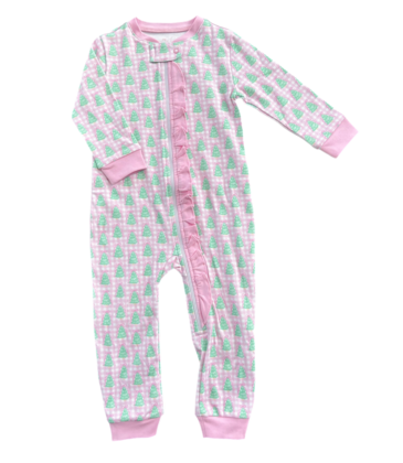 James & Lottie James & Lottie Pink Gingham Christmas Tree Zip Up Jammies