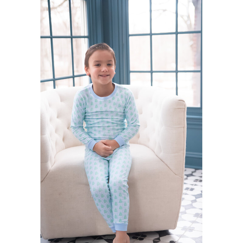 James & Lottie James & Lottie Blue Gingham Christmas Tree Two Piece Jammies
