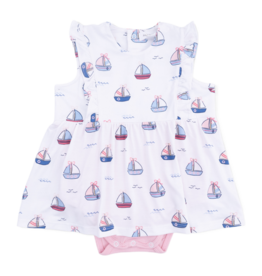 Angel Dear Angel Dear Ruffle Bodysuit Dress - Bubbly Sailboats Pink