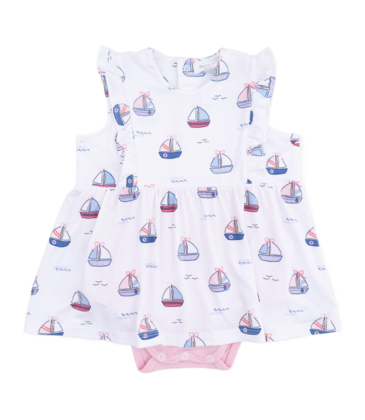 Angel Dear Angel Dear Ruffle Bodysuit Dress - Bubbly Sailboats Pink