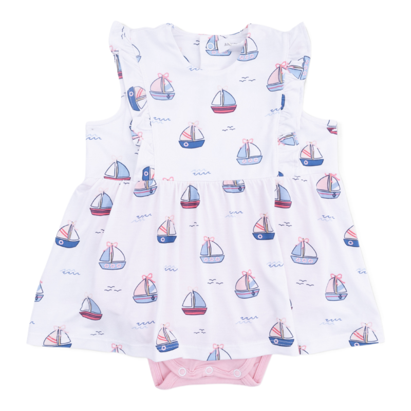 Angel Dear Angel Dear Ruffle Bodysuit Dress - Bubbly Sailboats Pink