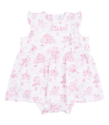 Angel Dear Angel Dear Ruffle Bodysuit Dress - Puppy Toile Pink