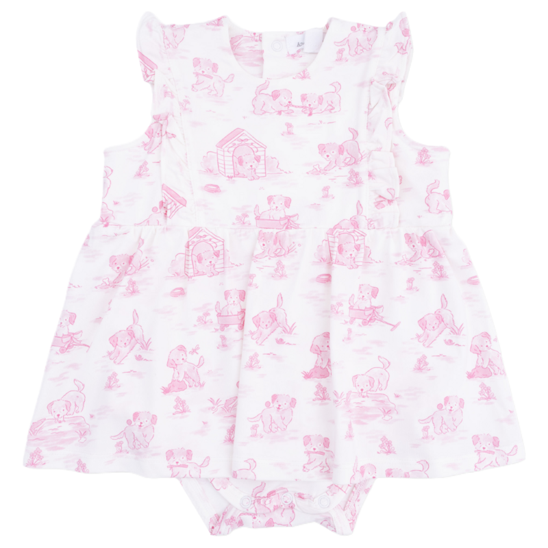 Angel Dear Angel Dear Ruffle Bodysuit Dress - Puppy Toile Pink