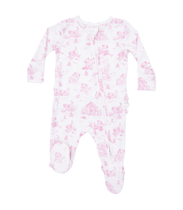 Angel Dear Angel Dear Ruffle Zipper Footie - Puppy Toile Pink