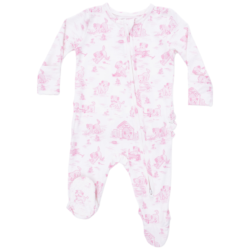 Angel Dear Angel Dear Ruffle Zipper Footie - Puppy Toile Pink