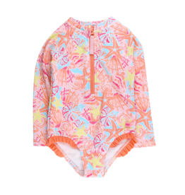 RuffleButts Sunset Seashells Zipper 1pc Rash Guard
