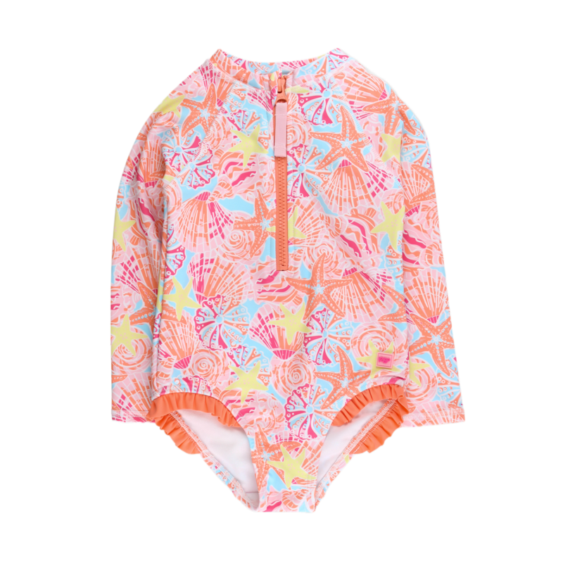 RuffleButts Sunset Seashells Zipper 1pc Rash Guard