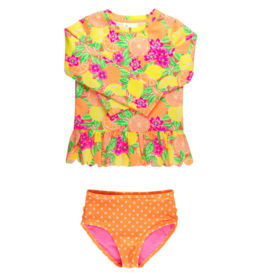 RuffleButts Neon Squeeze the Day Scallop Hem 2pc Rash Guard