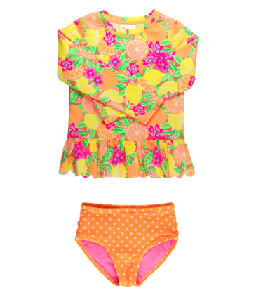 RuffleButts Neon Squeeze the Day Scallop Hem 2pc Rash Guard