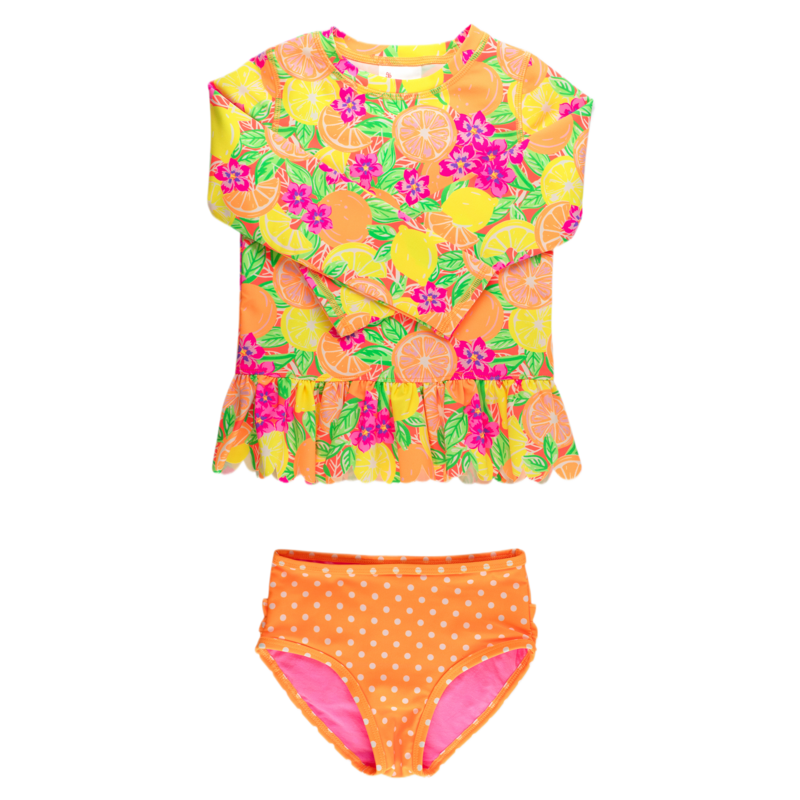 RuffleButts Neon Squeeze the Day Scallop Hem 2pc Rash Guard