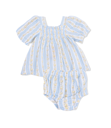 Angel Dear Angel Dear Puff Sleeve Babydoll Dress & Bloomer - Odalys Floral Stripe