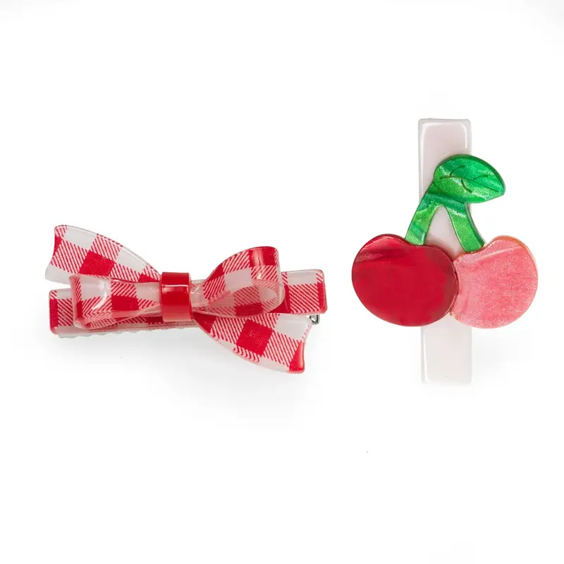 Lilies & Roses Cherry & Red Checker Bow Hair Clips