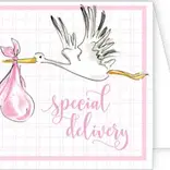 RoseanneBeck Collections Special Delivery Handpainted Stork Pink Enclosure Card