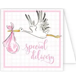 RoseanneBeck Collections Special Delivery Handpainted Stork Pink Enclosure Card