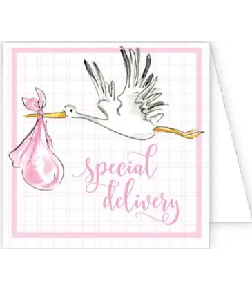 RoseanneBeck Collections Special Delivery Handpainted Stork Pink Enclosure Card