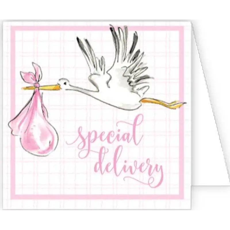 RoseanneBeck Collections Special Delivery Handpainted Stork Pink Enclosure Card