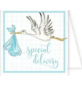 RoseanneBeck Collections Special Delivery Handpainted Stork Blue Enclosure Card