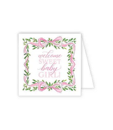 RoseanneBeck Collections Handpainted Pink Ribbon with Greenery Crest Enclosure Card