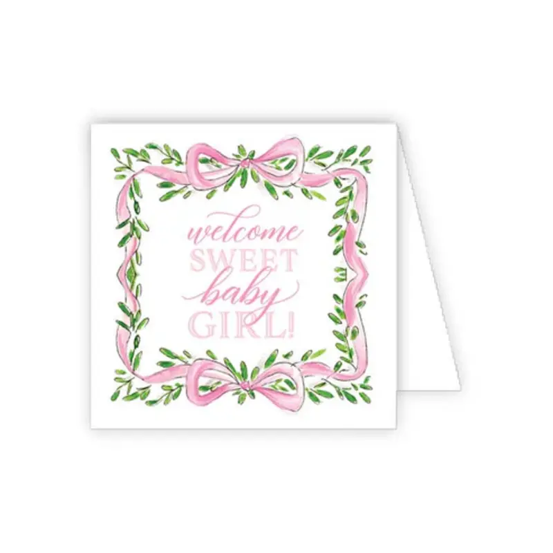 RoseanneBeck Collections Handpainted Pink Ribbon with Greenery Crest Enclosure Card