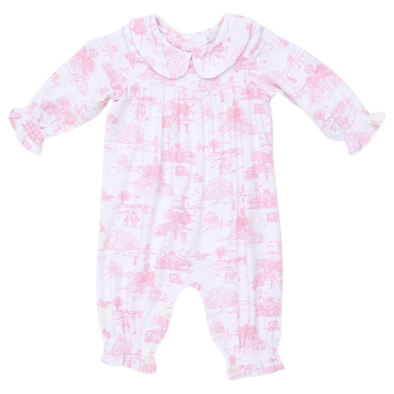 Angel Dear Angel Dear Smocked Romper - Golf Toile Pink