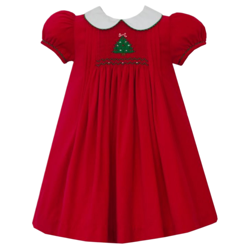 Anavini Anavini Christmas Tree Smocked Corduroy Dress